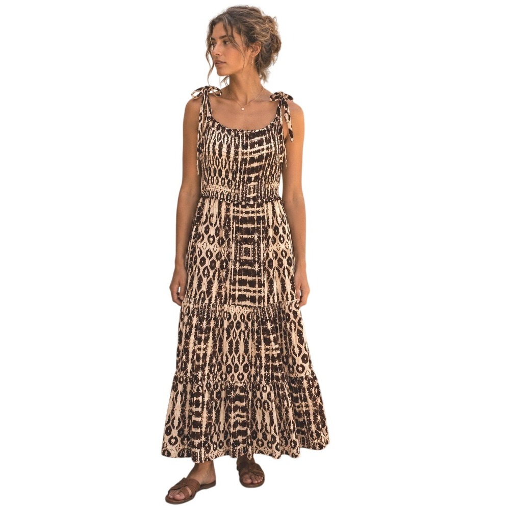 Womens Smocked Tiered Maxi Dress Size Large Boho Resort Mediterranean Stretch